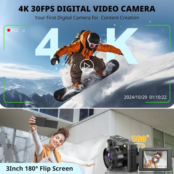 4K Digital Camera for Photography Autofocus, 2024 Latest 48MP Vlogging Camera for YouTube with SD Card, 2 Batteries, 3" 180°Flip Screen Compact Travel Camera for Teens with 16X Zoom, Anti-Shake,Black - Image 2
